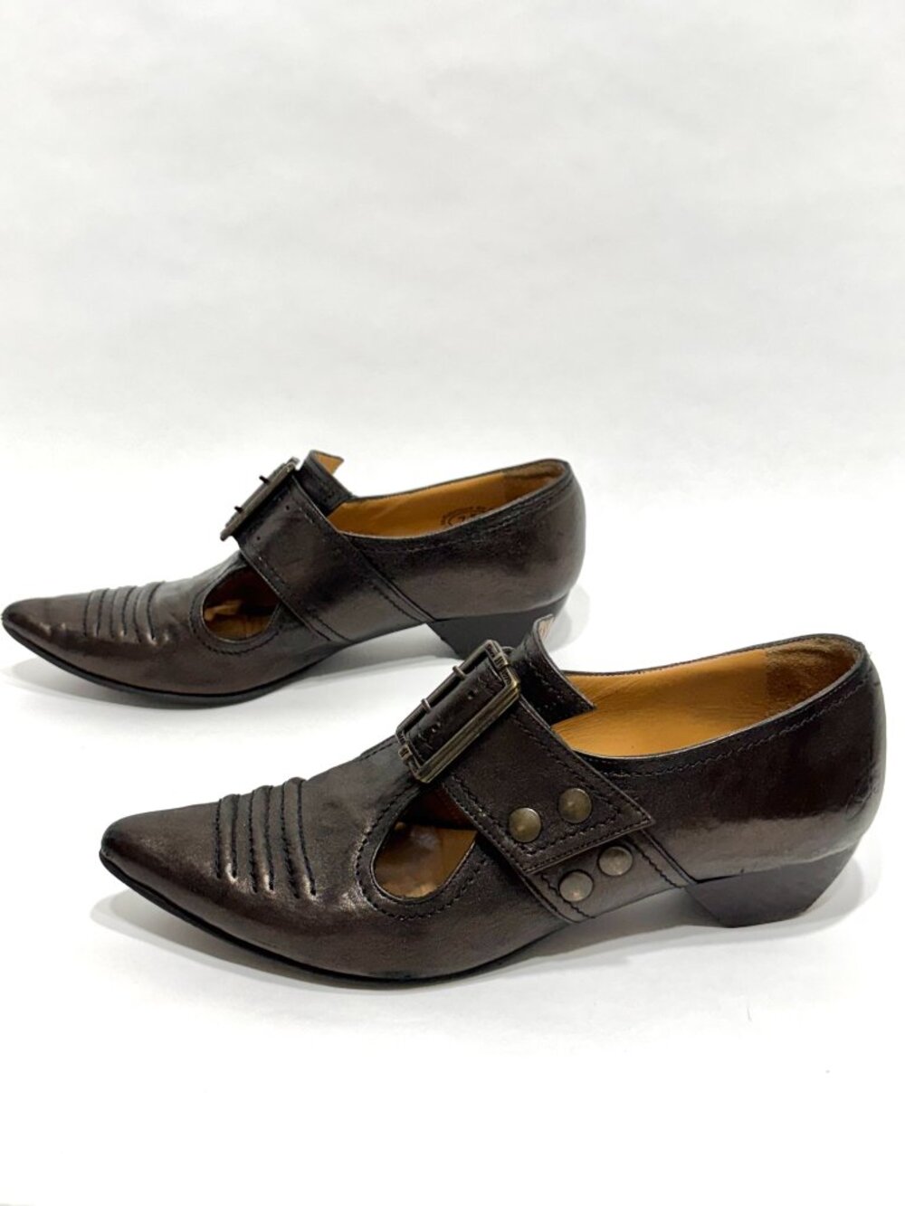 John Fluevog Pilgrim Leather Shoes Pointed Toe Buckle Low Heel Witchy Steampunk - Picture 10 of 16